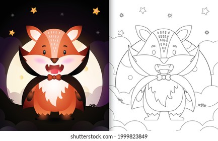 coloring book with a cute fox using costume dracula halloween