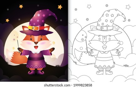 libro de colorear con un zorro lindo usando halloween de bruja de disfraces
