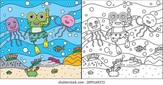 coloring book of cute frog diving in the sea