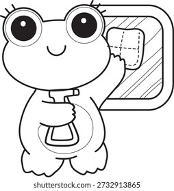 Coloring book of Cute Frog sticker icon. Outline of Frog wipe the window