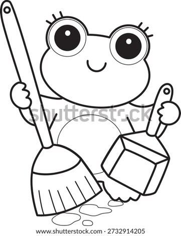 Coloring book of Cute Frog sticker icon. Outline of Frog cleanings the floor with broom and duster