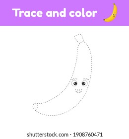 Coloring book with cute fruit a banana. For kids kindergarten, preschool and school age. Trace worksheet. Development of fine motor skills and handwriting. Vector illustration.