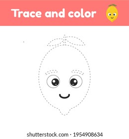 Coloring book with cute fruit a lemon. For kids kindergarten, preschool and school age. Trace worksheet. Development of fine motor skills and handwriting. Vector illustration.
