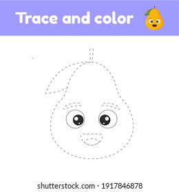 Libro de colorear con fruta linda una pera. Para niños en edad preescolar, preescolar y escolar. Hoja de cálculo de seguimiento. Desarrollo de finas habilidades motoras y escritura a mano. Ilustración vectorial.