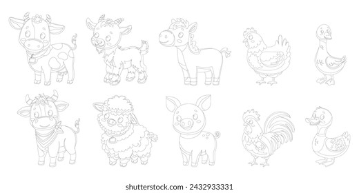 Coloring book of cute funny farm animals isolated on white background. Collection of happy little animals. Flat vector illustration. Goat, bull, cow, duck, goose, hen, horse, pig, rooster, sheep.  