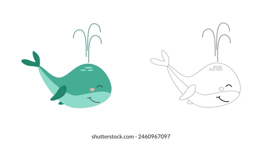 Coloring book Cute funny green whale with fountain. Vector cartoon illustration for children's coloring books, outline and example in color.