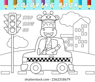 Coloring book of cute giraffe driving car in city road. Vector cartoon illustration