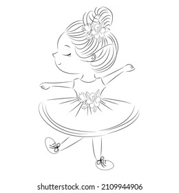 Coloring book, cute girl ballerina, beautiful outline illustration isolated on white background. one line. Coloring book for children and adults. Printing on t-shirt, cup, children's clothing. vector