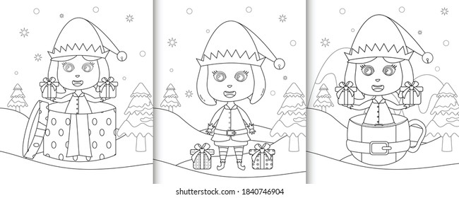 coloring book with cute girl elf christmas characters
