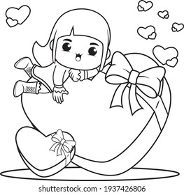 Coloring book cute girl holding a heart