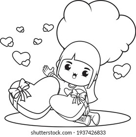 Coloring book cute girl holding a heart