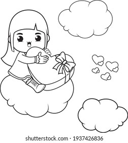 Coloring book cute girl holding a heart