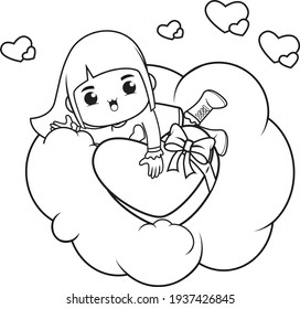 Coloring book cute girl holding a heart