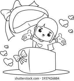Coloring book cute girl holding a heart