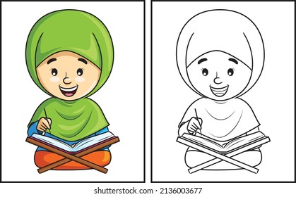 Coloring book cute girl reading Quran. Coloring page and colorful clipart character. Vector cartoon illustration.