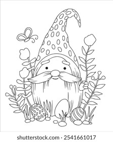 Coloring book. Cute gnome with Easter eggs and flowers. Vector illustration on Easter theme. Doodle style