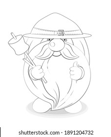 Coloring book cute gnome scout show like with marshmallows on stick, picture in hand drawing cartoon style for greeting postcard, card, stickers, smiles