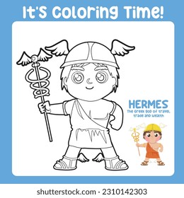 Coloring book of the cute Greek God. Colouring worksheet ancient Greece mythology. Greek deity theme elements. Coloring page activity for kids. Printable coloring sheet. Vector illustration file.