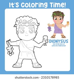 Coloring book of the cute Greek God. Colouring worksheet ancient Greece mythology. Greek deity theme elements. Coloring page activity for kids. Printable coloring sheet. Vector illustration file.