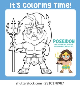 Coloring book of the cute Greek God. Colouring worksheet ancient Greece mythology. Greek deity theme elements. Coloring page activity for kids. Printable coloring sheet. Vector illustration file.