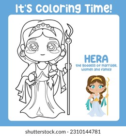 Coloring book of the cute Greek Goddess. Colouring worksheet ancient Greece mythology. Greek deity theme elements. Coloring page activity for kids. Printable coloring sheet. Vector illustration file.