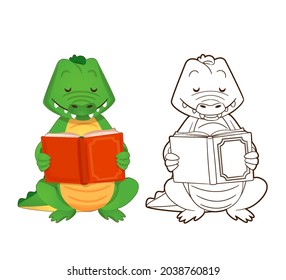 Coloring book, cute green crocodile is reading a book. Vector illustration for children about animals in cartoon style, contour drawing, line art