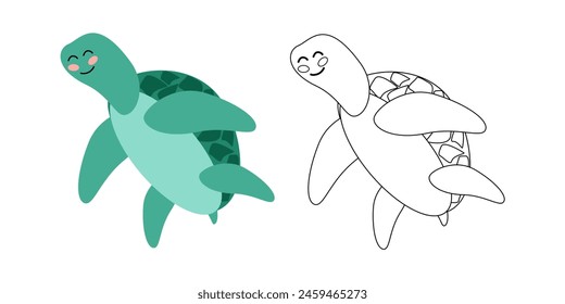 Coloring book cute green sea turtle, sea animal. Vector cartoon illustration for children's coloring books, outline and example in color.