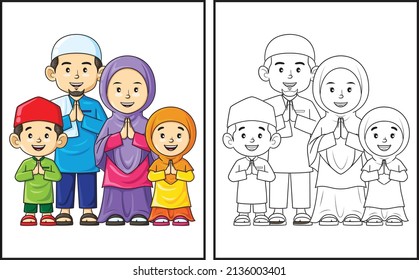 Coloring book cute happy muslim family. Coloring page and colorful clipart character. Vector cartoon illustration.