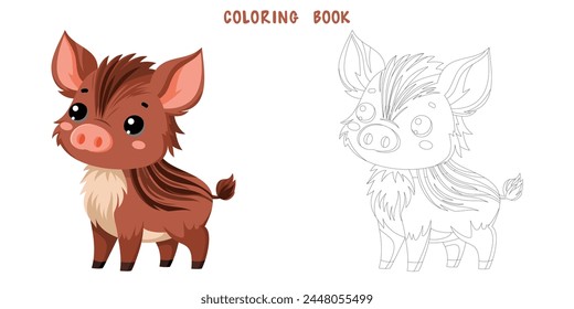 Coloring book of cute happy wild boar, little boar, funny aper. Coloring page of cute autumn forest animal isolated on white background. Flat vector illustration.