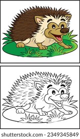 Coloring book cute hedgehog. Coloring page and colorful clipart character. Vector cartoon illustration.