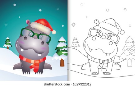 coloring book with a cute hippo christmas characters with using santa hat and scarf