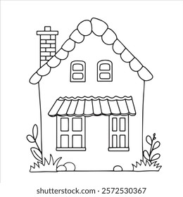 Coloring book with a cute house. black and white illustration in doodle style.