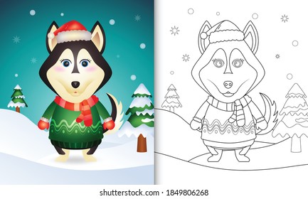 coloring book with a cute husky dog christmas characters with a santa hat, jacket and scarf