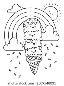 Coloring Book: cute Ice cream design with rainbow
