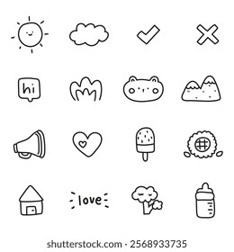 Coloring book.Set of cute icon various.Cartoon hand drawn.Teddy bear.Sun.Cloud.Painting book for kid.School.Page.Animal,nature,food.Kawaii.Vector.Illustration.