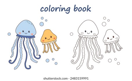 Coloring book with cute jellyfish , Coloring page for kids,  fish vector illustration