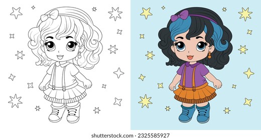 Coloring book. Cute kawaii girl cartoon vector illustration. Kid activity. Coloring page for kids with cute chibi girl, thick line, outline.