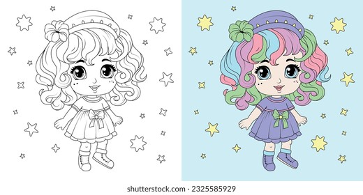 Coloring book. Cute kawaii girl cartoon vector illustration. Kid activity. Coloring page for kids with cute chibi girl, thick line, outline.