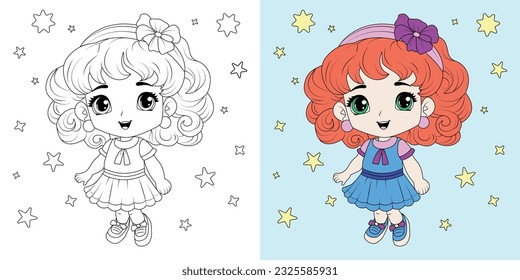 Coloring book. Cute kawaii girl cartoon vector illustration. Kid activity. Coloring page for kids with cute chibi girl, thick line, outline.