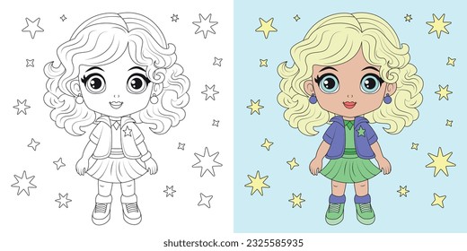 Coloring book. Cute kawaii girl cartoon vector illustration. Kid activity. Coloring page for kids with cute chibi girl, thick line, outline.