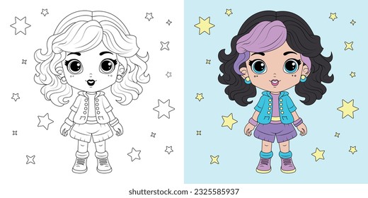 Coloring book. Cute kawaii girl cartoon vector illustration. Kid activity. Coloring page for kids with cute chibi girl, thick line, outline.