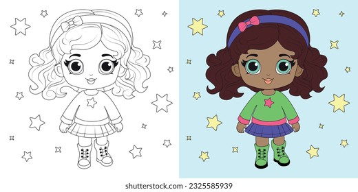 Coloring book. Cute kawaii girl cartoon vector illustration. Kid activity. Coloring page for kids with cute chibi girl, thick line, outline.