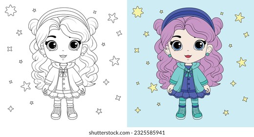 Coloring book. Cute kawaii girl cartoon vector illustration. Kid activity. Coloring page for kids with cute chibi girl, thick line, outline.