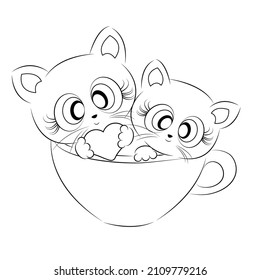 Coloring book with cute kittens in a cup Outline illustration isolated on white background. one line. Coloring book for children and adults. Print for t-shirt, cup, children's clothing. Vector