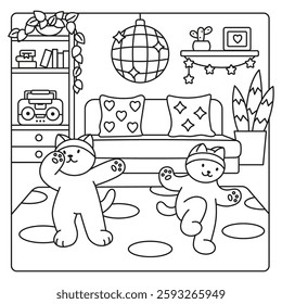 Coloring Book. Cute kitties dancing in a cozy apartment.