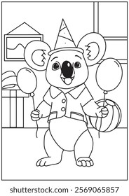 Coloring book cute koala bring a balloons birthday