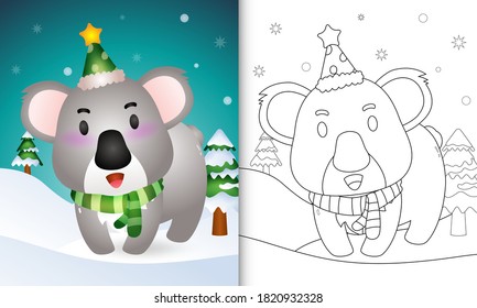 coloring book with a cute koala christmas characters collection with a hat and scarf