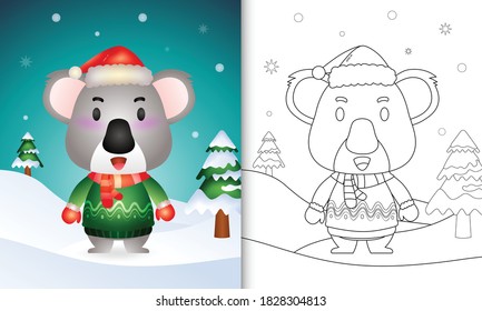 coloring book with a cute koala christmas characters with a santa hat, jacket and scarf