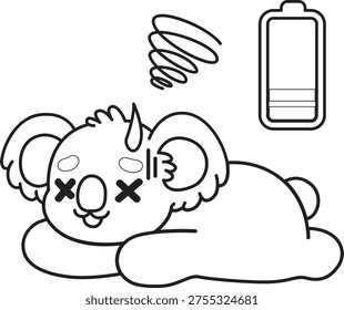 Coloring book of Cute Koala sticker icon. Outline of Koala was so tired