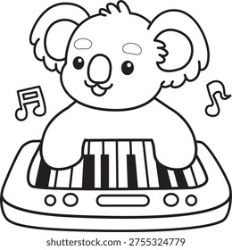 Coloring book of Cute Koala sticker icon. Outline of Koala playing a piano